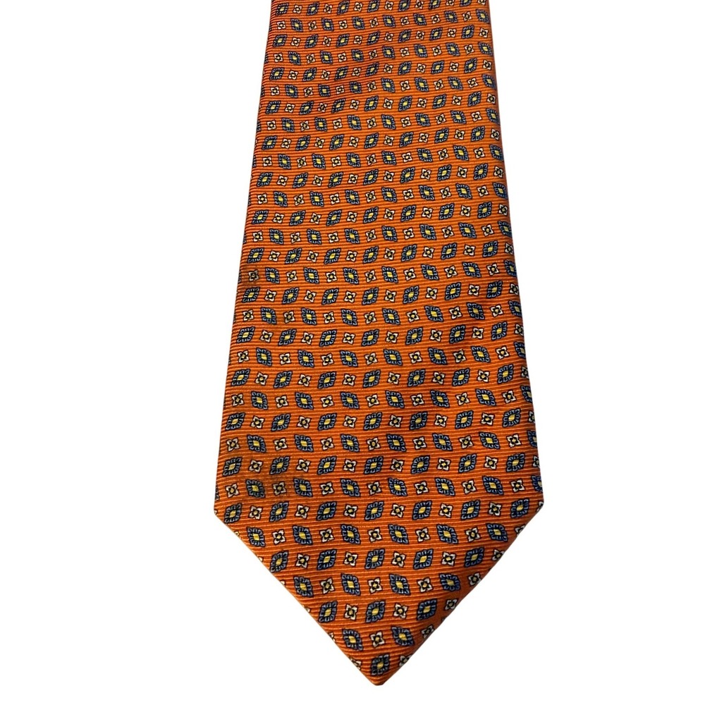 Oxxford Clothes Silk Tie Orange Blue Geometric Medallion Made in USA Luxury